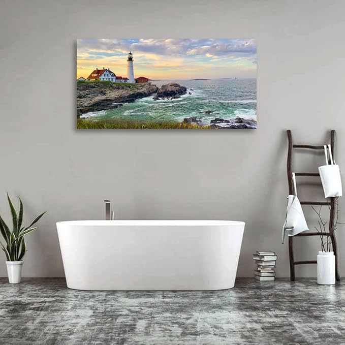 tigeridge Sunset Lighthouse Canvas Wall Art for Living Room Wall Decor Sunset Seascape Pictures Ocean Prints Nature Artwork Office Home Wall Decorations Framed Ready to Hang 24" x 48"