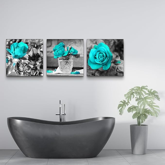 wall art for living room Black and white rose flowers Blue Big Canvas Prints Wall Decor Artwork 24" x 24" 3 Pieces Framed Watercolor Giclee with Black Border Ready to Hang for bedroom Home Decoration