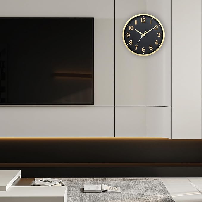 Wall Clocks Battery Operated 8 inch Modern Wall Clock,Silent Non Ticking Wall Clock for Living Room Bedroom Kitchen Office Classroom Decor (Black Gold)