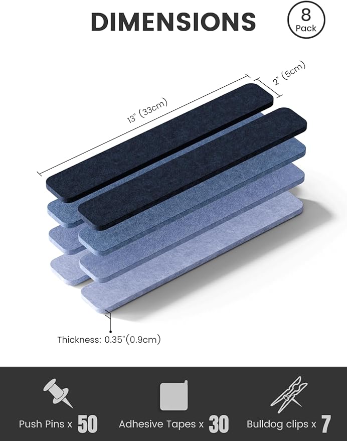 Fluxynara Cork Board Alternative Felt Strip Board 8-Pack 13"x2", Office Pin Board with 50 Push Pins, Adhesive Install for Bedroom Door & Home Office(Denim Mist)