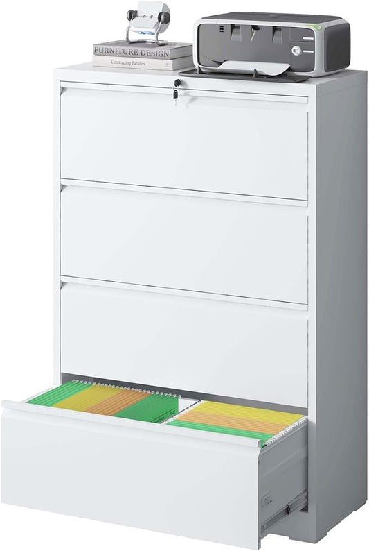 4 Drawer Lateral File Cabinet with Lock for Home Office Metal Filing Cabinet with Adjustable Hanging Rails Horizontal Filing Organization Storage Cabinet for Letter/Legal/A4/F4 Size White