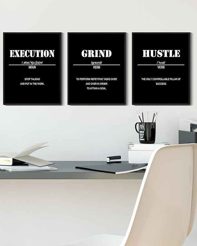 Drsoum Inspirational Office Framed Wall Art Motivational Grind Hustle Success Canvas Wall Decor Encouraging Quotes Sayings Paintings 3 Pieces Artwork Home Bedroom Easy to Hang 8x10in (Black Framed)