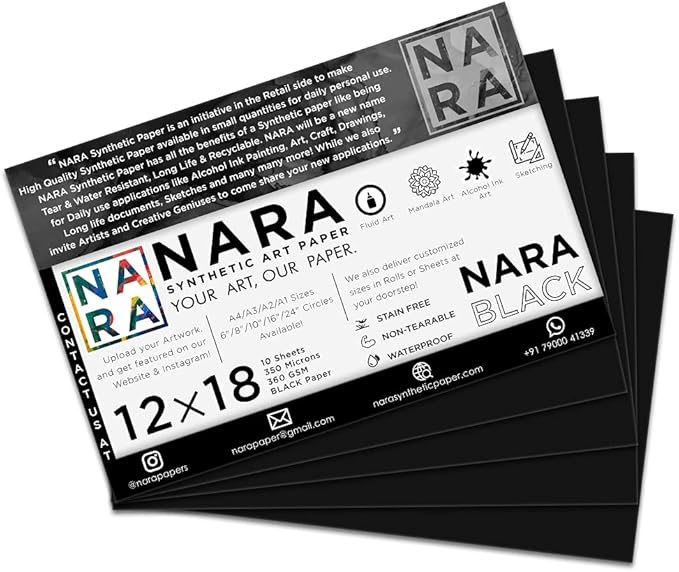 NARA Alcohol Ink Paper | Black | 12 inches x 18 inches (12”x18”) | 350 microns/360 GSM | 10 Sheets | Medium+ Paper | Paper for Alcohol Ink Art Painting | 100% Stain-Free