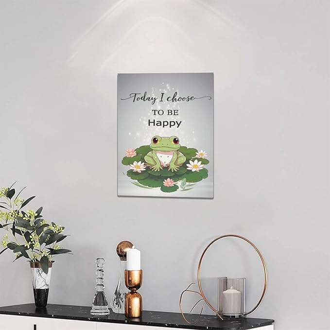 yerretin Frog Wall Art Funny Frog Lotus Pictures Wall Decor Flower Canvas Painting Modern Artwork Home Decorations for Bathroom Living Room Bedroom Office Framed 12"x16"