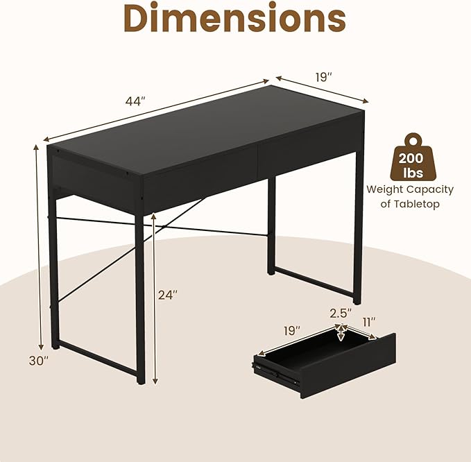 Giantex Computer Desk with 2 Drawers, 44 Inch Home Office Desk with Anti-Toppling Device & Metal Frame, Compact Laptop PC Table, Makeup Vanity Table, Modern Study Writing Desk for Small Spaces (Black)