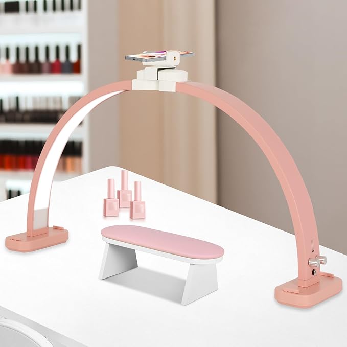 FAHKNS Half Moon Light for Nail Desk with Phone Holder, Upgraded 28-inch Foldable Half-Moon Lamp, LED Light for Manicure, Eyelash Extension, Tattooing, Craft, Pink