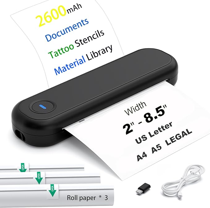 Bluetooth Portable Thermal Printers Wireless for Travel, Inkless Printer Support for 8.5"x11" US Letter & A4 Thermal Paper, Compatible with iOS, Android, Laptop & USB for Office Car Home
