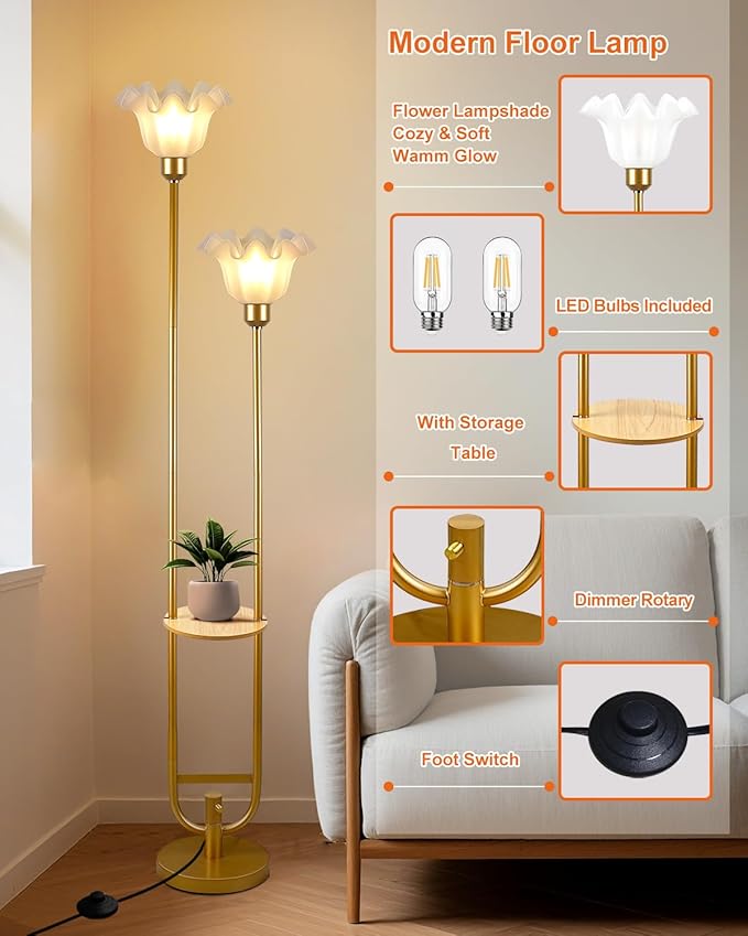 Lightdot Dimmable Flower Floor Lamp for Living Room, Modern Mid Century Floor Lamp with Table, Gold Tall Standing Lamp for Bedroom/Sofa Beside/Corner Decor(Bulb Included)