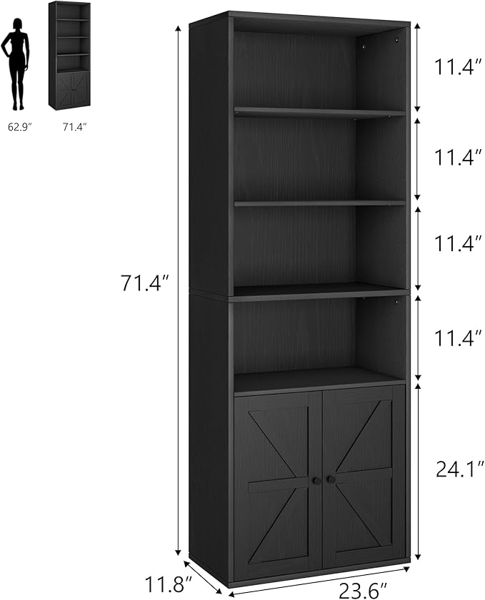 IDEALHOUSE Bookcase with Doors Industrial Bookshelf 11.8in Depth Display Storage Shelves 71.4in Tall Farmhouse Bookcases Wooden 6 Shelf Bookshelvels for Bedroom, Living Room, Home Office (Black)