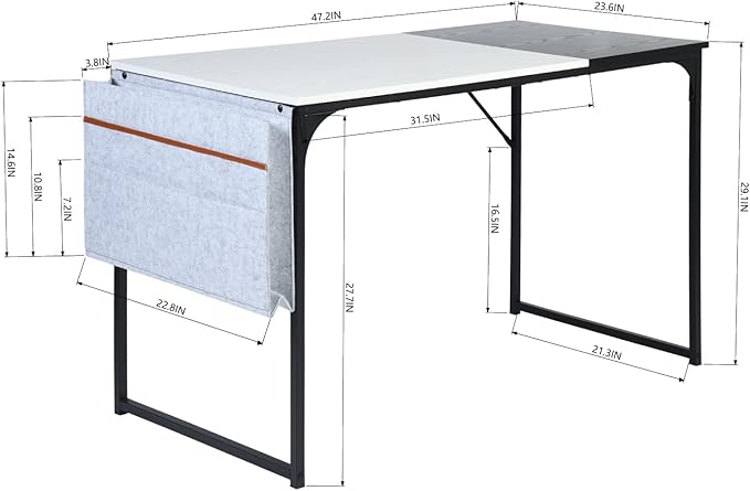 Homy Casa Inc 47 inch Study Storage Bag Space Saving for Home Office, Modern Simple Style PC Metal Frame Computer Desk, Writing Table, Black, White