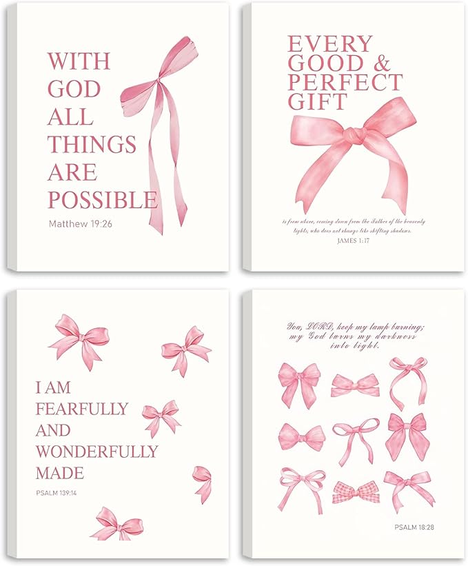 SEHSUVC Coquette Pink Bow Bible Verse Wall Art Set of 4, Christian Scripture Inspirational Canvas Prints, Cute Girly Preppy Aesthetic Religious Wall Decor for Bedroom Nursery Living Room Home 8x10In Framed