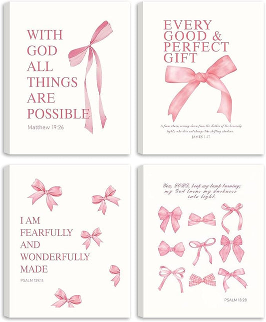 SEHSUVC Coquette Pink Bow Bible Verse Wall Art Set of 4, Christian Scripture Inspirational Canvas Prints, Cute Girly Preppy Aesthetic Religious Wall Decor for Bedroom Nursery Living Room Home 8x10In Framed