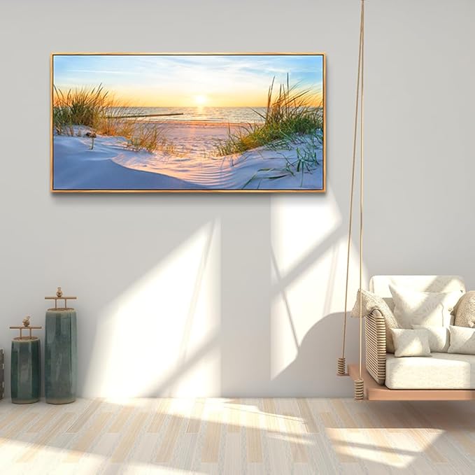 MHARTK66 Sunset Beach Wall Art for Living Room Golden Sunlight Sea Grass Dune Blue Ocean Seascape Picture HD Print On Canvas for Bedroom Office Home Decoration Framed Artwork Ready to Hang 30"x 60"