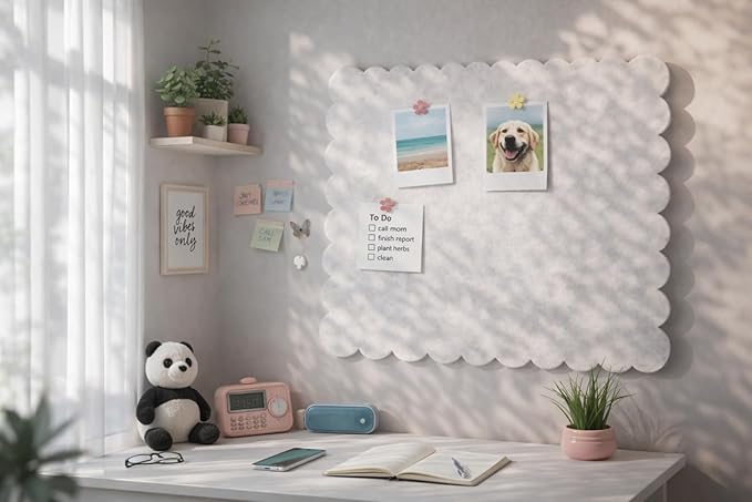 Scalloped Felt Bulletin Board 24x18 in, Thick PET Felt Pin Board, Heat-Pressed Flat, Self-Adhesive Mount, Push Pin Friendly Photo/Card Display for Home, Office, Crafts, Planning, Jewelry (Oatmeal)