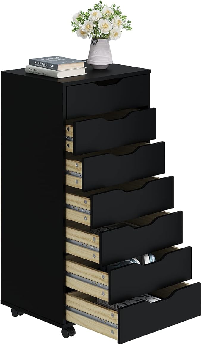 Panana 7 Drawer Mobile File Cabinet, Wooden Under Desk Storage with Wheels Office Organization Vertical Filing Chest of Drawers for Home Office (Black)
