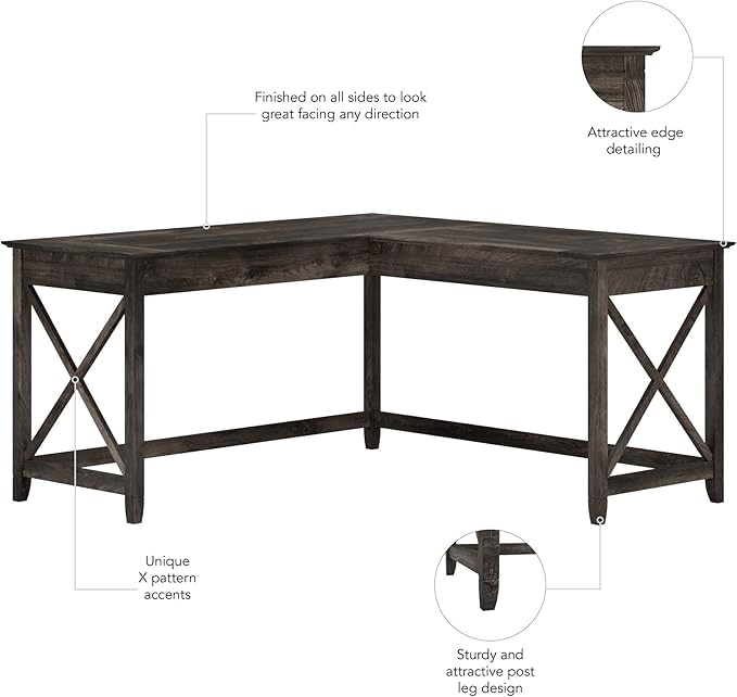 Bush Home Key West 60W Modern Farmhouse L Shaped Desk in Dark Gray Hickory, 60-Inch Corner Computer Table for Home Office Workspace