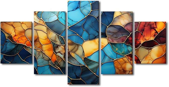 Canvas Wall Art Decor Modern Living Room Wall Art Abstract Autumn and Winter Painting Art 5 Panel Colorful Glass Poster for Men Lady Living Room Home Wall Decor Stretched Ready to Hang 60x32 in