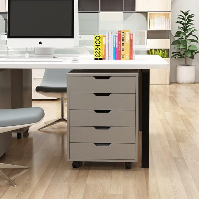 Dark Grey Five Drawers Cabinet Wooden Office Pulley Movable File Storage Cabinet Low Cabinet