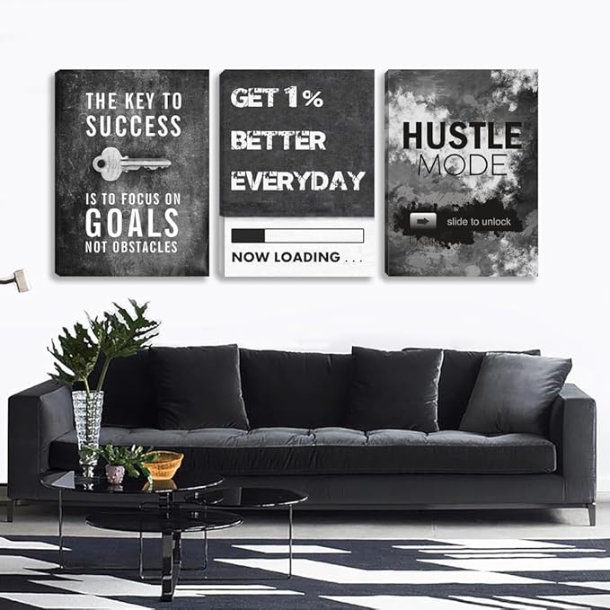 Motivational Office Wall Decor Modern Hustle Canvas Wall Art Inspirational Posters Entrepreneur Quote Canvas Art Paintings Framed 3 Panels Artwork Bedroom Living Room Home Decoration(48”Wx24”H)