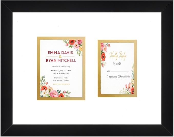 Invitation and RSVP Card Frame Black Double Mat White Over Metallic Gold Ceremony Keepsake Display Made in the USA