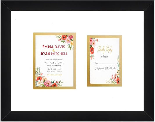 Invitation and RSVP Card Frame Black Double Mat White Over Metallic Gold Ceremony Keepsake Display Made in the USA