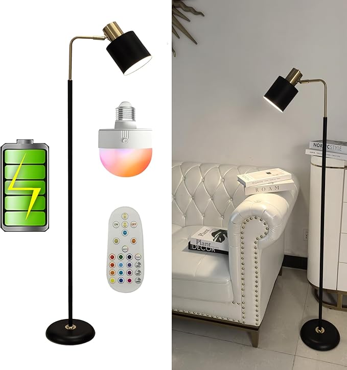 Modern Cordless Floor Lamp Battery Operated with Remote, Black Gold Rechargeable Minimalist Standing Battery Reading Floor Lamp with Metal Shade No Electric Wire for Living Room Bedroom (1 Pack)