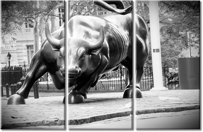 Pictures for Living Room Wall Decoration 3 Panels Black and White Bull Poster Decor for Bedroom Office Living Room Decor Gift Stretched Framed Gallery-Wrapped Ready to Hang - 42" Wx28 H