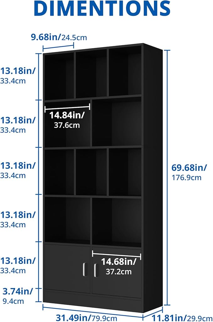 Cozy Castle 70" Tall Black Bookshelf with 12 Cubes and 2 Doors, 4-Tier Open Shelf Bookcase with Cabinet, Modern Cube Storage Organizer for Living Room, and Office
