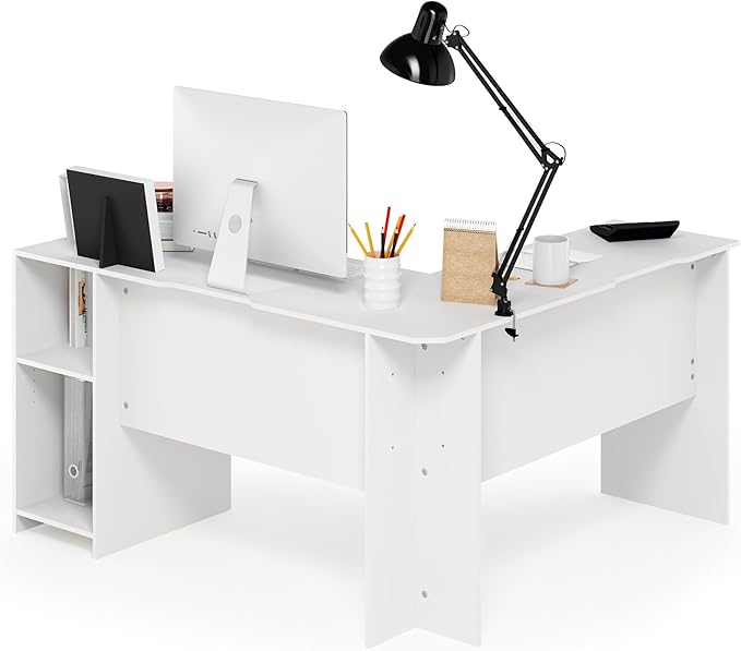 Furinno Indo L-Shaped Computer Desk with Bookshelf, White