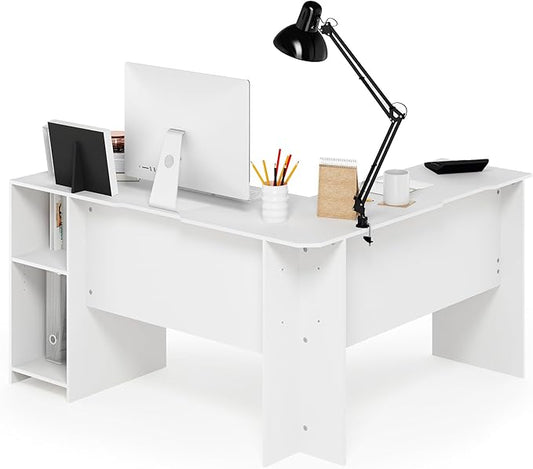 Furinno Indo L-Shaped Computer Desk with Bookshelf, White