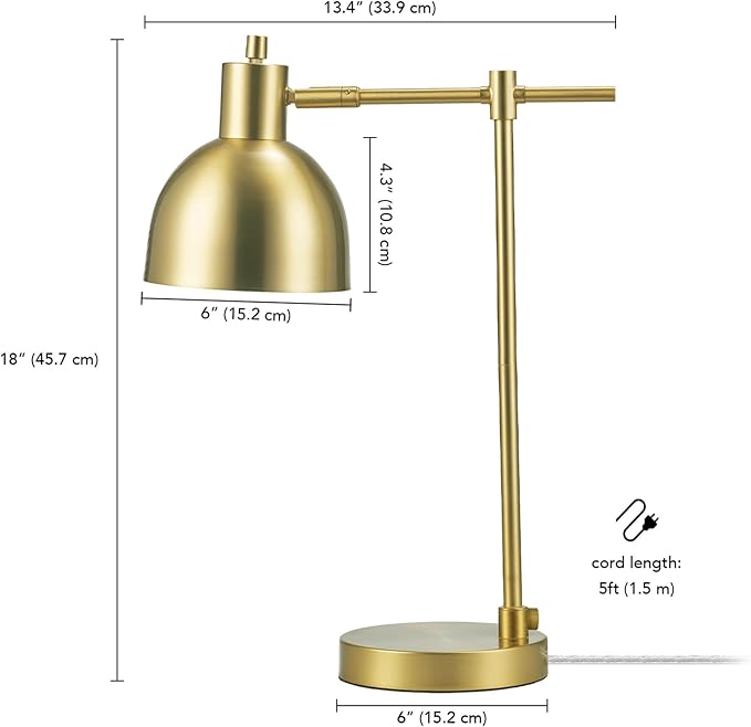 Globe Electric 61000058 18" Desk Lamp, Matte Brass Finish, Metal Shade, Adjustable Pivot Joint, Rotary Switch, Modern Lighting for Bedroom or Office, Timeless, Lights for Home, E26 Base