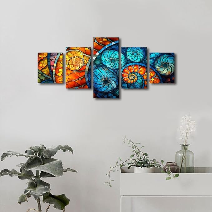 Canvas Wall Art for Home Modern Stained Glass Window Pattern Poster Abstract Artwork Picture Printing 5 Panel Red Blue Water Fire Colors Painting Art for Living Room Office Wall Decor 50x24 in