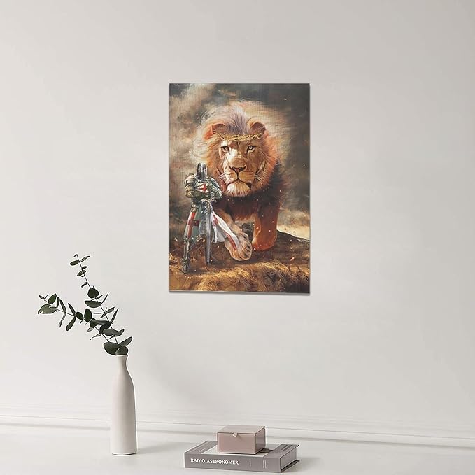 yerretin Christian Lion Of Judah Wall Art Lion Warrior Pictures Wall Decor Religious Knight Canvas Painting Home Decorations Artwork for Bathroom Bedroom Living Room Office Framed 16"x24"