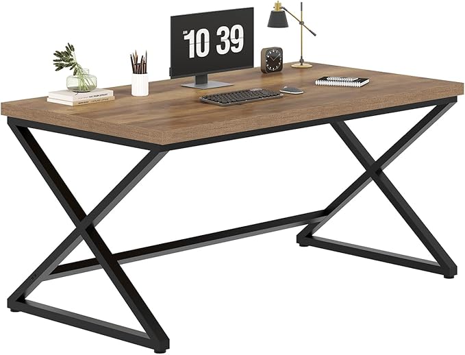IBF 60” Rustic Computer Desk, Modern Wood Metal Home Office Desk, Farmhouse Work Desk for Writing Study in Bedroom, Minimalist Laptop Executive Workstation Computer Gaming Table, Rustic Oak, 60 in