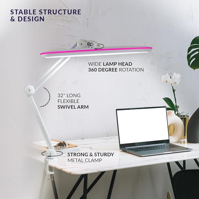 Neatfi XL 2,200 Lumens 24W LED Desk Lamp – 23” Wide Shade | Dimmable Eye-Caring Task Light | Adjustable Arm | Home Office, Study, Crafts & Nail Tech (White with Pink Ring, Non-CCT with Clamp)