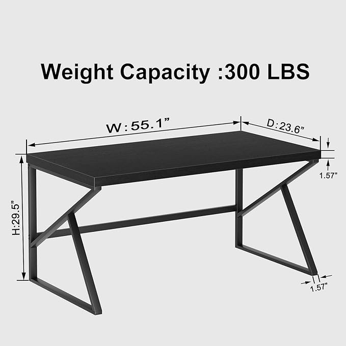 HSH Black Desk, Modern Industrial Home Office Computer Desk, Laptop PC Desk for Student Work Writing Study Gaming, Simple Metal and Wooden Computer Table in Bedroom Living Room Workstation, 55 Inch