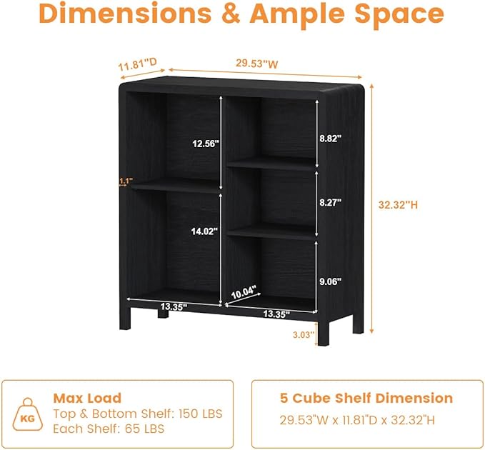 FATORRI 5 Cube Bookshelf, Wood Bookcase with 3 Adjustable Shelves, Farmhouse Cube Storage Organizer Shelf for Small Space Bedroom Living Room (Black)