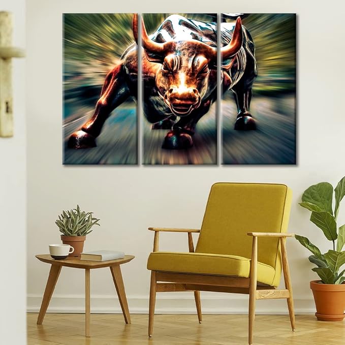 Wall Art for Living Room 3 Panel Courageous and Powerful Bull Painting on Canvas Prints Pictures for Living Room, Bedroom, Office With Wood Framed Stretched Ready to Hang - 36" Wx24 H