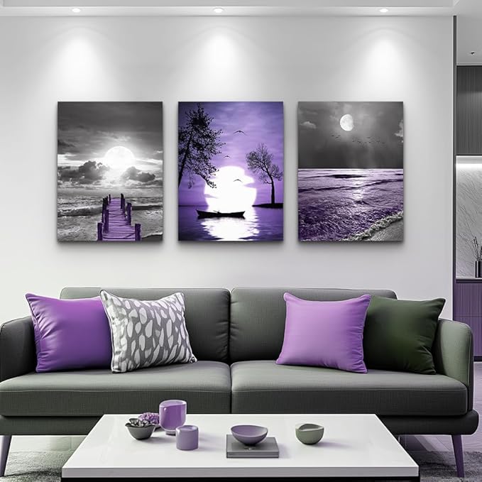 Canvas Wall Art For Living Room Large Size Wall Decorations For Office Artwork Wall Painting Bedroom Wall Decor Black And White Ocean Purple Landscape Modern Family Posters 3 Piece Framed Home Decor