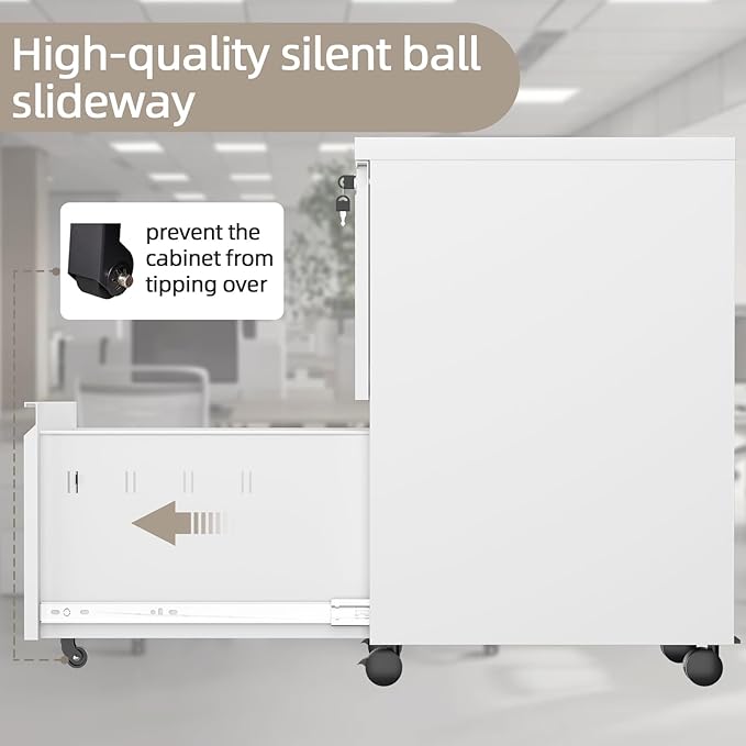2 Drawer File Cabinet with Lock,Metal Filing Cabinet with Wheel,White Rolling File Cabinets,Moblie Under Desk Office Cabinets for Home Office,Fit A4/Letter/Legal