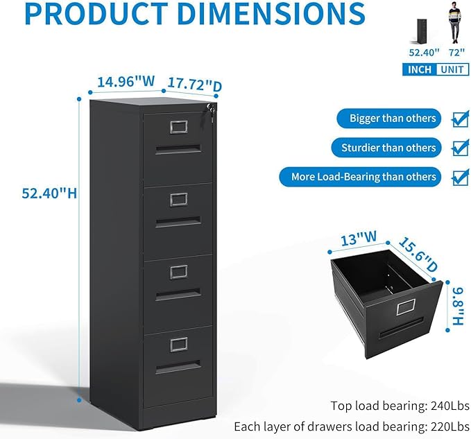 4 Drawer Filing Cabinet with Lock and Card Slot, Locking Vertical File Cabinet for Home Office, Small Metal File Cabinets for Hanging Legal Letter File Folders, Assembly Required(Black)