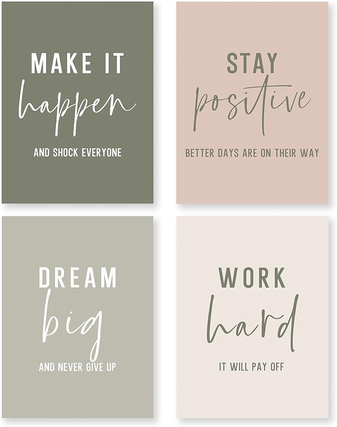 QLMX Office Inspirational Wall Art Prints Set of 4, Boho Motivational Make It Happen Stay Postive Prints Wall Decor for Office, Positive Quotes Poster for Home 12”x16” Unframed
