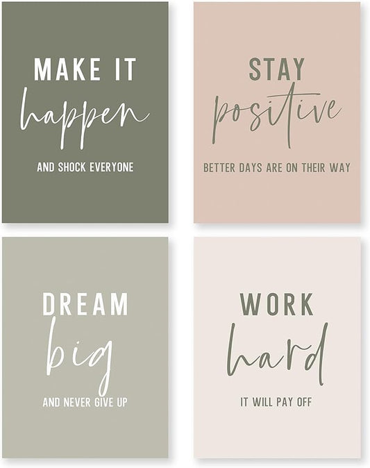 QLMX Office Inspirational Wall Art Prints Set of 4, Boho Motivational Make It Happen Stay Postive Prints Wall Decor for Office, Positive Quotes Poster for Home 12”x16” Unframed