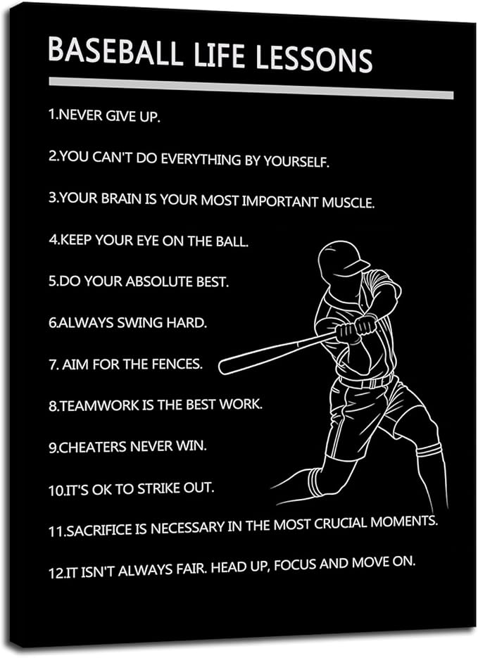 Motivational Baseball Player Poster Baseball Life Lessons Poster for Boys Bedroom Inspirational Sports Quotes Canvas Print for Home Gym Locker Room Office Decor Framed Ready to Hang [18" W X 24" H]