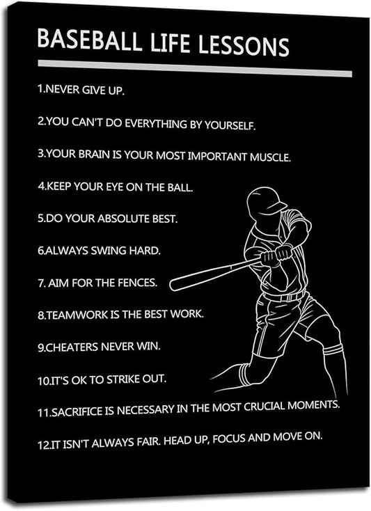Motivational Baseball Player Poster Baseball Life Lessons Poster for Boys Bedroom Inspirational Sports Quotes Canvas Print for Home Gym Locker Room Office Decor Framed Ready to Hang [18" W X 24" H]