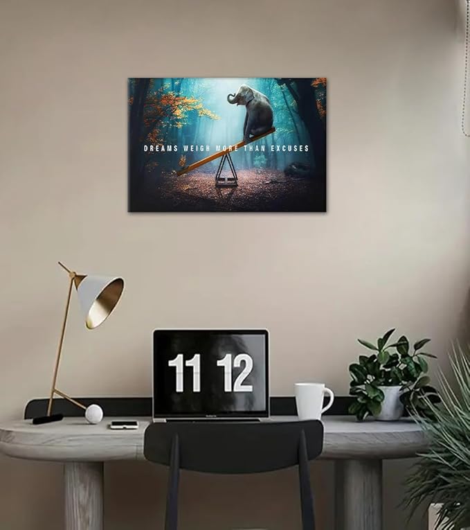 Wall Art Dreams Weigh More Than Excuses Painting on Canvas Inspirational Picture Motivational Quotes Poster Elephant and Butterfly Prints for Home Decor Living Room, Framed 24" H x 36" W