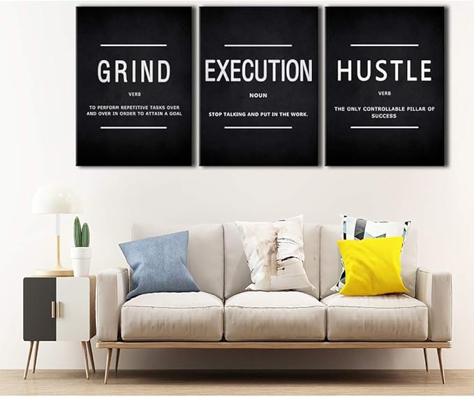 BWSPACE Grind Hustle Execution Wall Art Motivational Wall Decor Office Wall Decor Pictures Posters 3 Pieces Framed Canvas Wall Prints Artwork Home Gym Ready to Hang (GRIND, 72" L x 36" W)