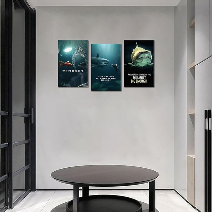 Inspirational Quotes Wall Art - Modern Shark Canvas Print Framed Mindset Posters Motivational Wall Decor for Office Gym Living Room Home (24 x 36 in x 3 Set)