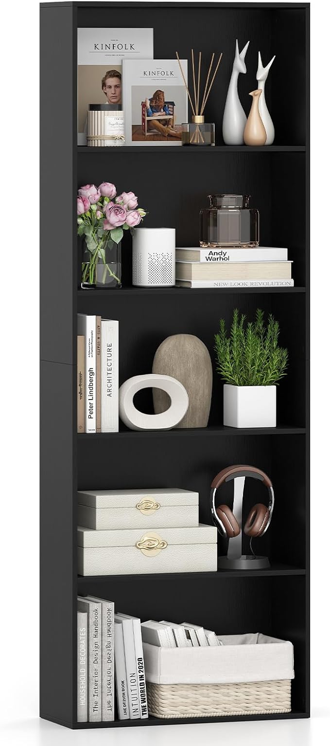 Giantex 5-Tier Bookshelf, Freestanding Bookcase with 5 Open Shelf, Modern Display Shelf, Storage Organizer for Living Room Bedroom Home Office, Black