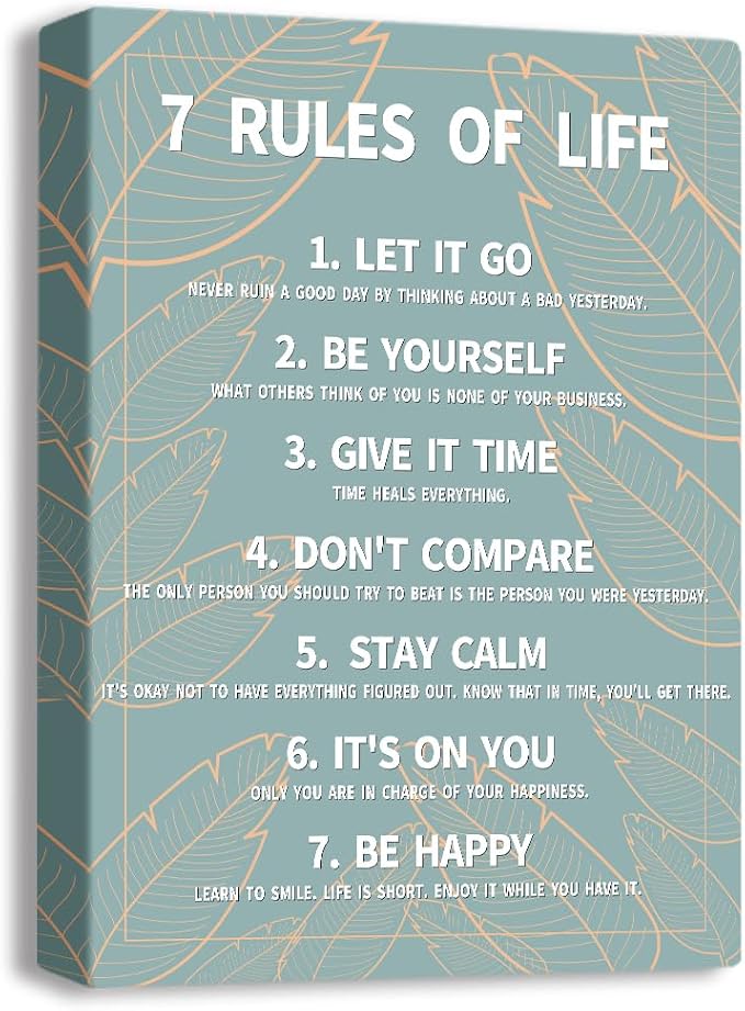 7 Rules Of Life Canvas Decoration Painting, Suitable For Office, School, Library,Home (29x38cm) Framed (Green)